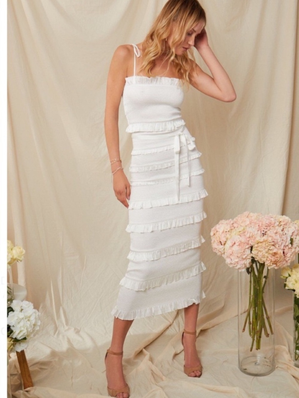 V. CHAPMAN Lily Ruched & Ruffled Stretch Midi Dress White